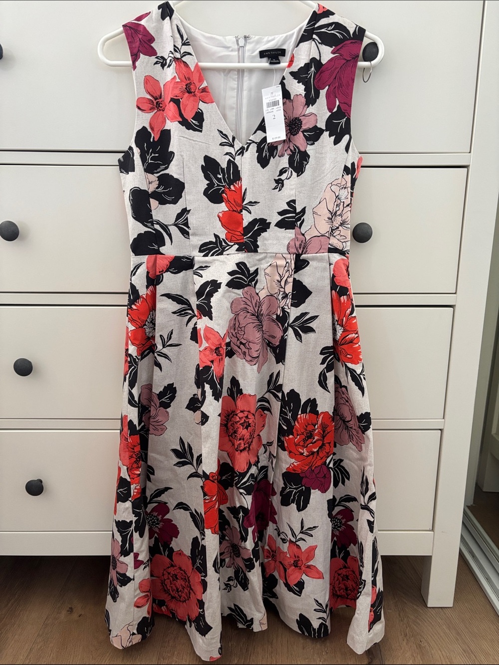 Ann Taylor Floral Fit-and-Flare Dress - Red Pink Black on Cream